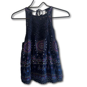 Listicle Sleeveless Blouse Womens Navy Crochet Tank Top Flowy Woman’s Small